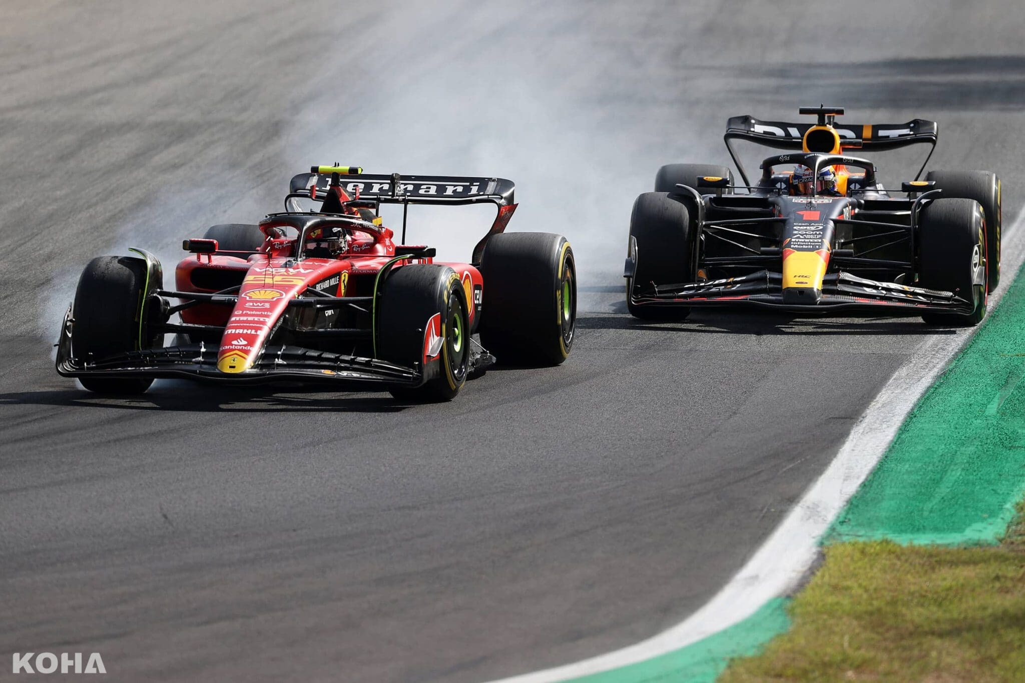 圖2 法拉利車手Carlos Sainz駕駛法拉利SF 23，在義大利蒙札賽道持續對抗後方來勢洶洶由Max Verstappen駕駛的RB19，但最後仍在第15圈被Verstappen超越。（Red bull提供） 1