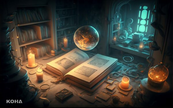 A mysterious space featuring a book being flippe