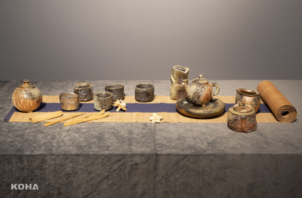圖1：陶藝家汪仲孚，以高難度柴燒手法，打造出「大地系列茶席組」。