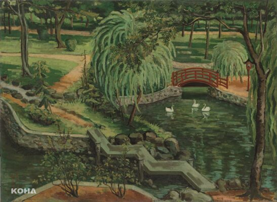 翁崑德，〈公園橋2〉，1943年，油彩、畫布，72.3 x 99公分。