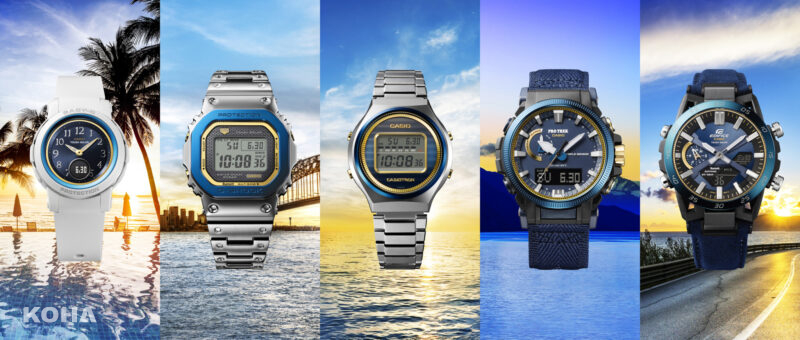 CASIO攜手旗下五大腕錶品牌共同以「天空和海洋」的概念為靈感推出全新Sky and Sea系列建議售價NT6000 NT21000左起：BGA S290SS 2A、GMW B5000SS 2、TRN 50SS 2A、PRW 61SS 2、ECB 2000SS 2A